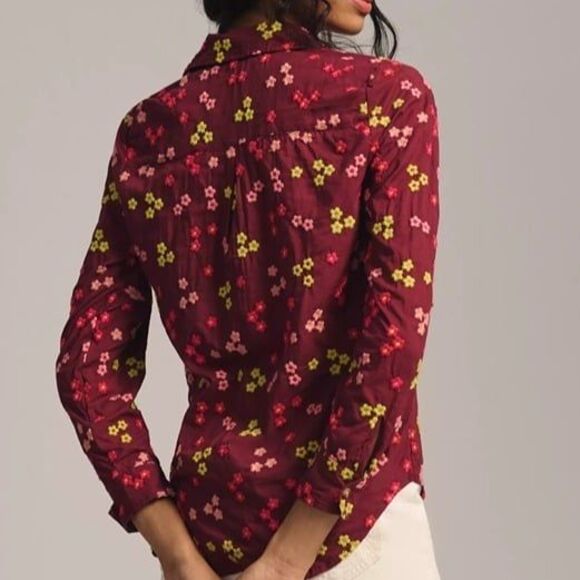 Maeve Embroidered Buttondown Blouse Size Medium Floral Burgundy Maroon Colorful - Picture 2 of 12